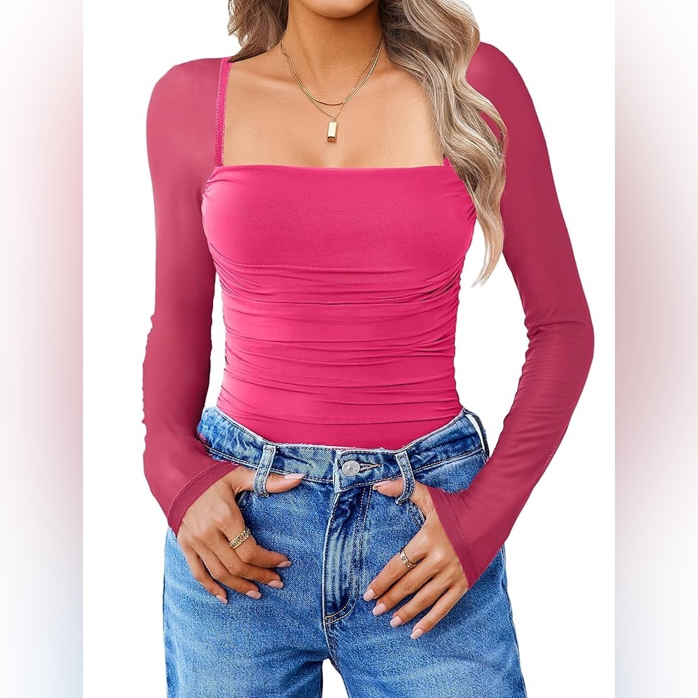 🍓$5 Pick!🍓 Avid Love Square Neck Ruched Mesh Long Sleeve Bodysuit